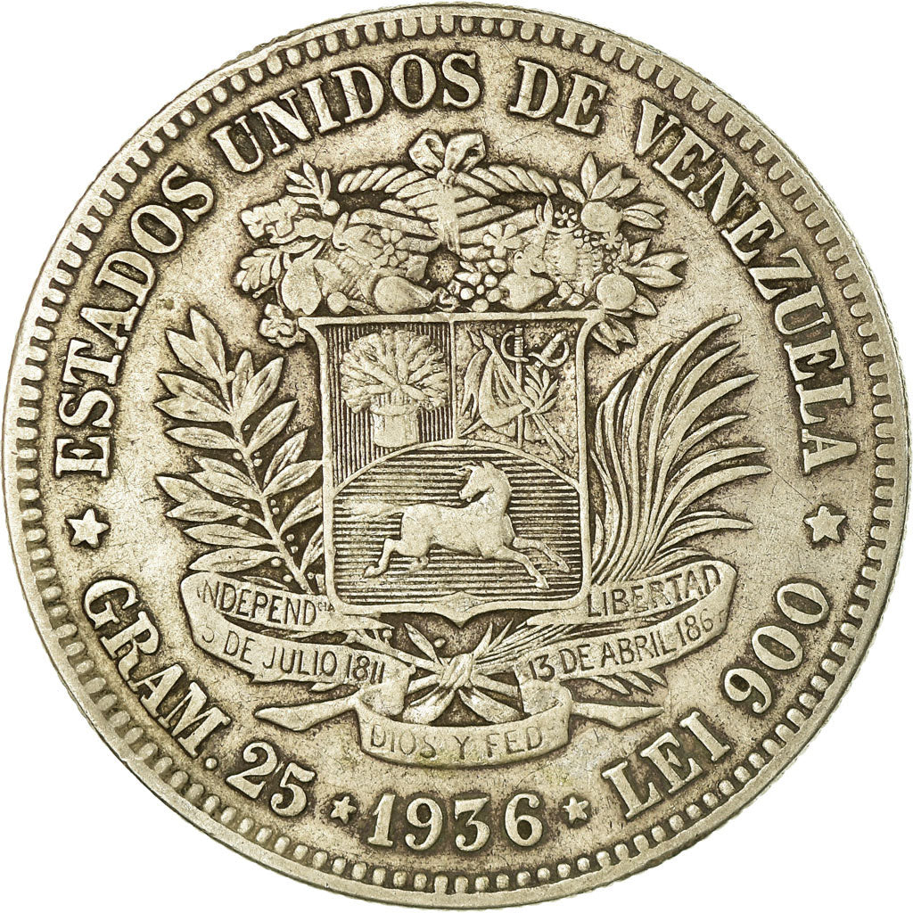 Monnaie, Venezuela, Gram 25, 5 Bolivares, 1936, TTB, Argent, KM:24.2