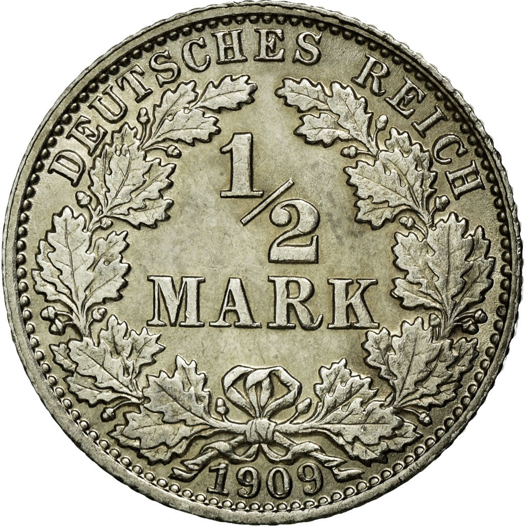 Coin, GERMANY - EMPIRE, 1/2 Mark, 1909, Hambourg, AU(55-58), Silver, KM:17