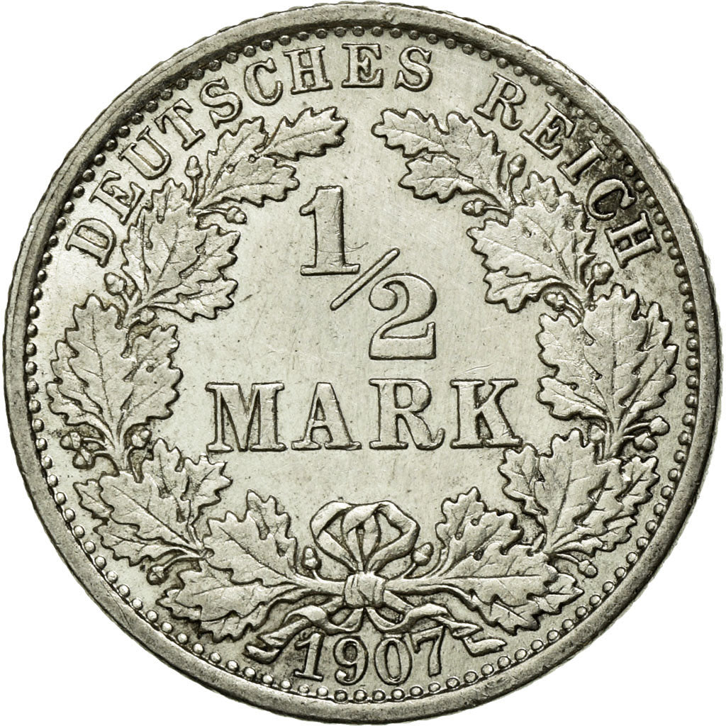 Coin, GERMANY - EMPIRE, 1/2 Mark, 1907, Stuttgart, AU(55-58), Silver, KM:17