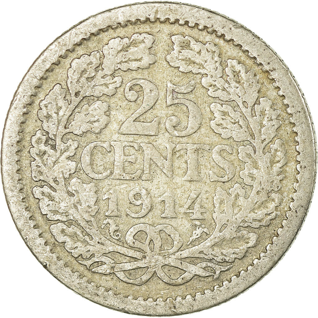 Coin, Netherlands, Wilhelmina I, 25 Cents, 1914, VF(20-25), Silver, KM:146