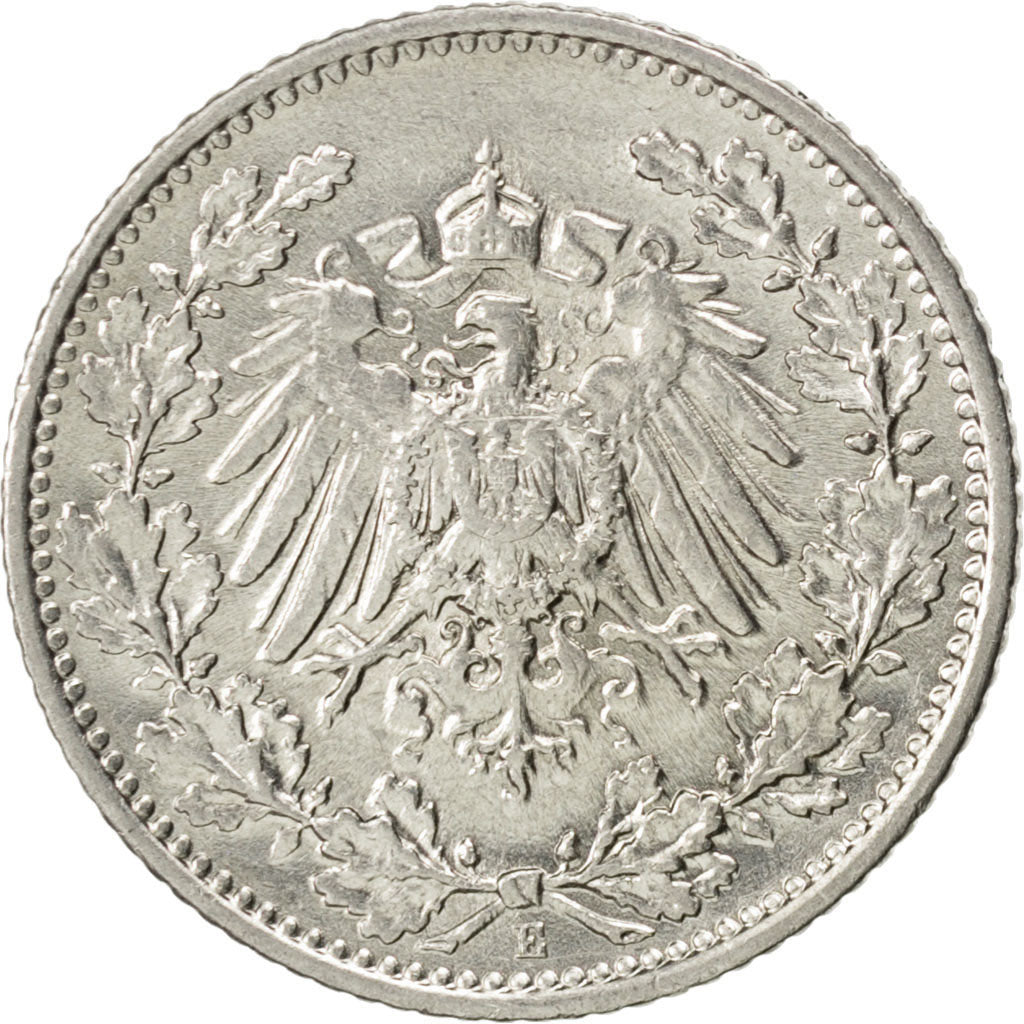 GERMANY - EMPIRE, 1/2 Mark, 1911, Muldenhütten, KM #17, AU(55-58), Silver, 20,..