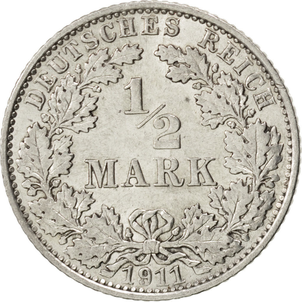 GERMANY - EMPIRE, 1/2 Mark, 1911, Muldenhütten, KM #17, AU(55-58), Silver, 20,..