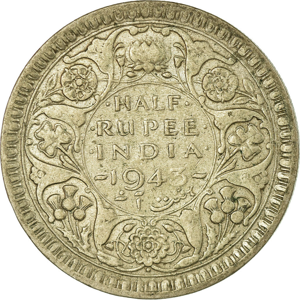 Coin, INDIA-BRITISH, George VI, 1/2 Rupee, 1943, VF(30-35), Silver, KM:552