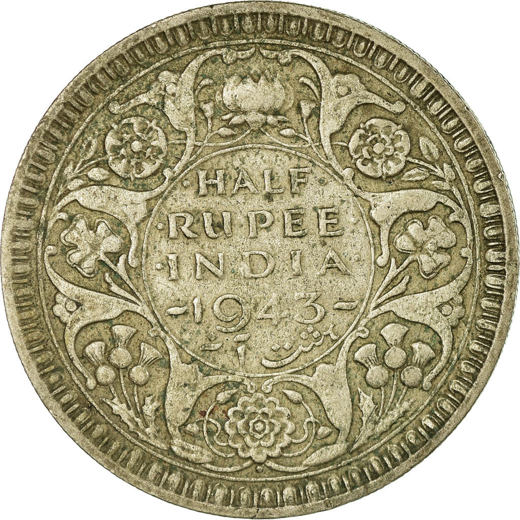 Coin, INDIA-BRITISH, George VI, 1/2 Rupee, 1943, VF(20-25), Silver, KM:552