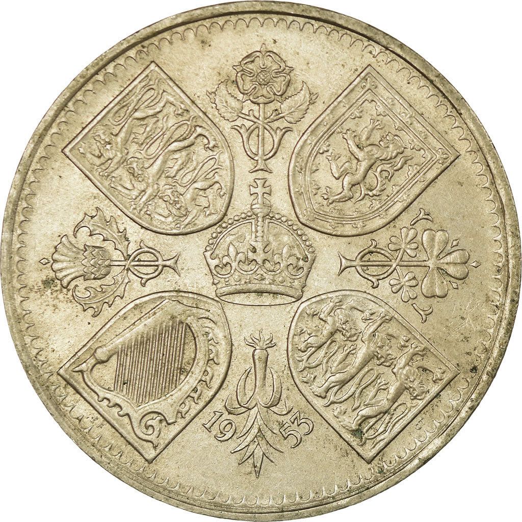 Coin, Great Britain, Elizabeth II, Crown, 1953, AU(50-53), Copper-nickel, KM:894