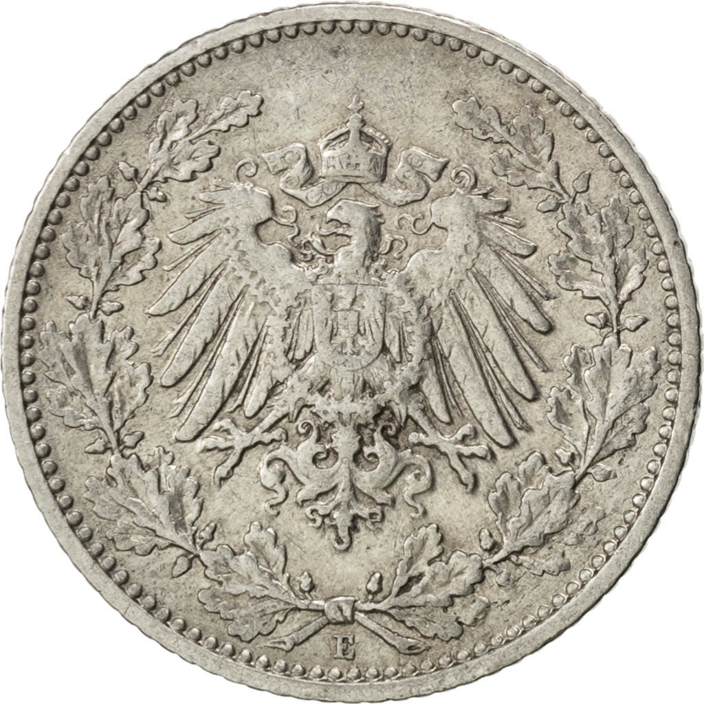GERMANY - EMPIRE, 1/2 Mark, 1908, Muldenhütten, KM #17, AU(50-53), Silver, 20,..