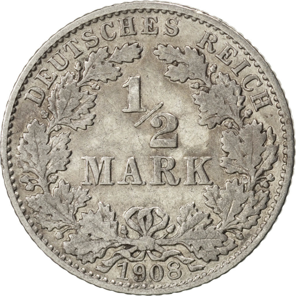 GERMANY - EMPIRE, 1/2 Mark, 1908, Muldenhütten, KM #17, AU(50-53), Silver, 20,..
