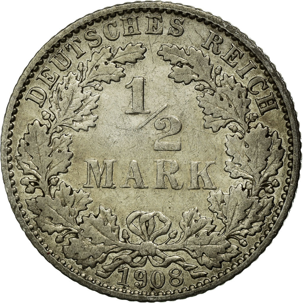Coin, GERMANY - EMPIRE, 1/2 Mark, 1908, Muldenhütten, EF(40-45), Silver, KM:17