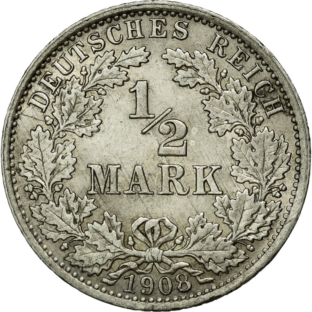 Coin, GERMANY - EMPIRE, 1/2 Mark, 1908, Berlin, AU(55-58), Silver, KM:17