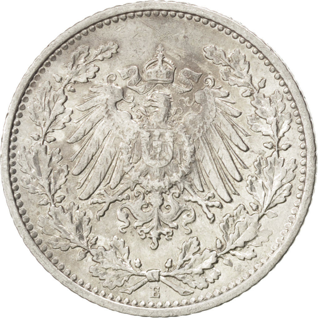 GERMANY - EMPIRE, 1/2 Mark, 1912, Muldenhütten, KM #17, AU(50-53), Silver, 20,..