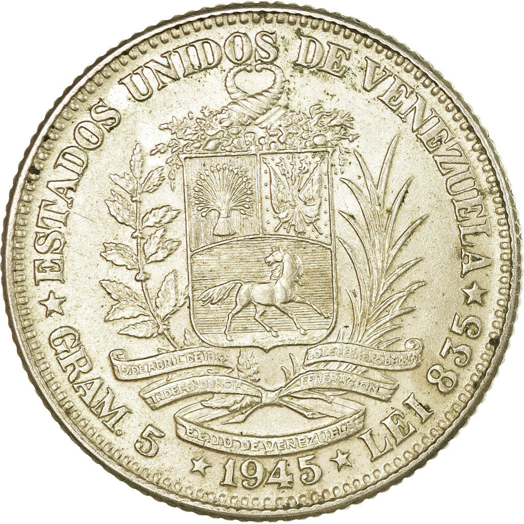 Coin, Venezuela, Gram 5, Bolivar, 1945, Philadelphia, EF(40-45), Silver, KM:22a