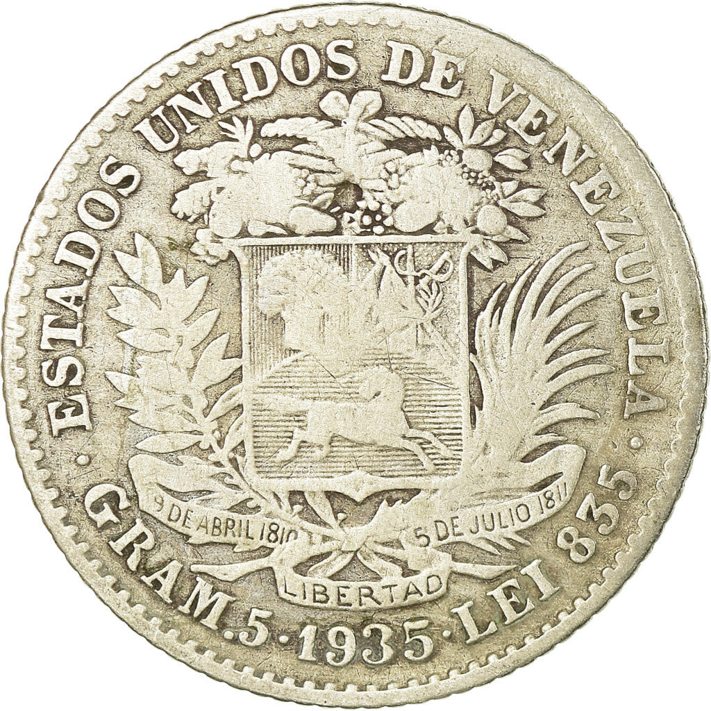 Coin, Venezuela, Gram 5, Bolivar, 1935, VF(20-25), Silver, KM:22