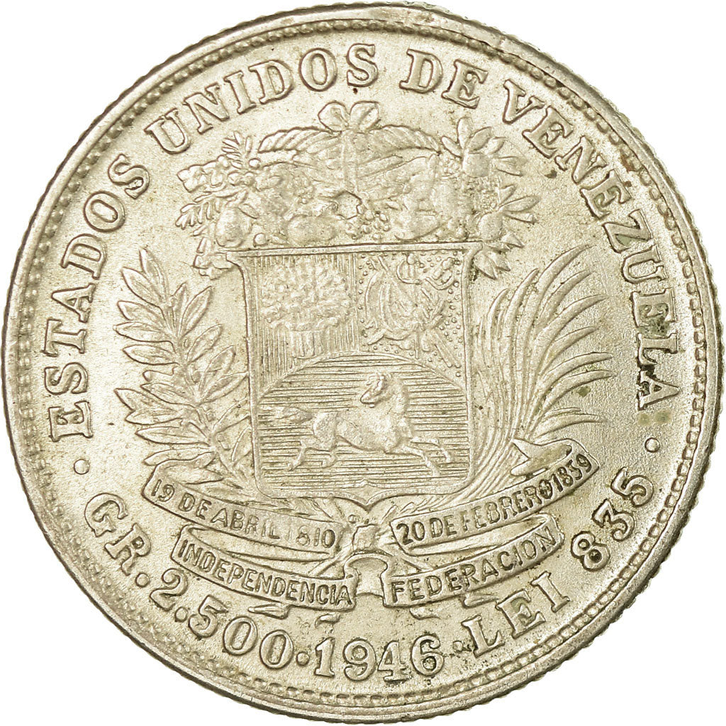 Moneta, Venezuela, Gr 2.500, 1/2 Bolivar, 1946, BB, Argento, KM:21a