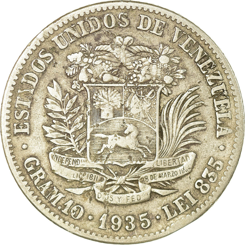 Monnaie, Venezuela, Gram 10, 2 Bolivares, 1935, TB+, Argent, KM:23