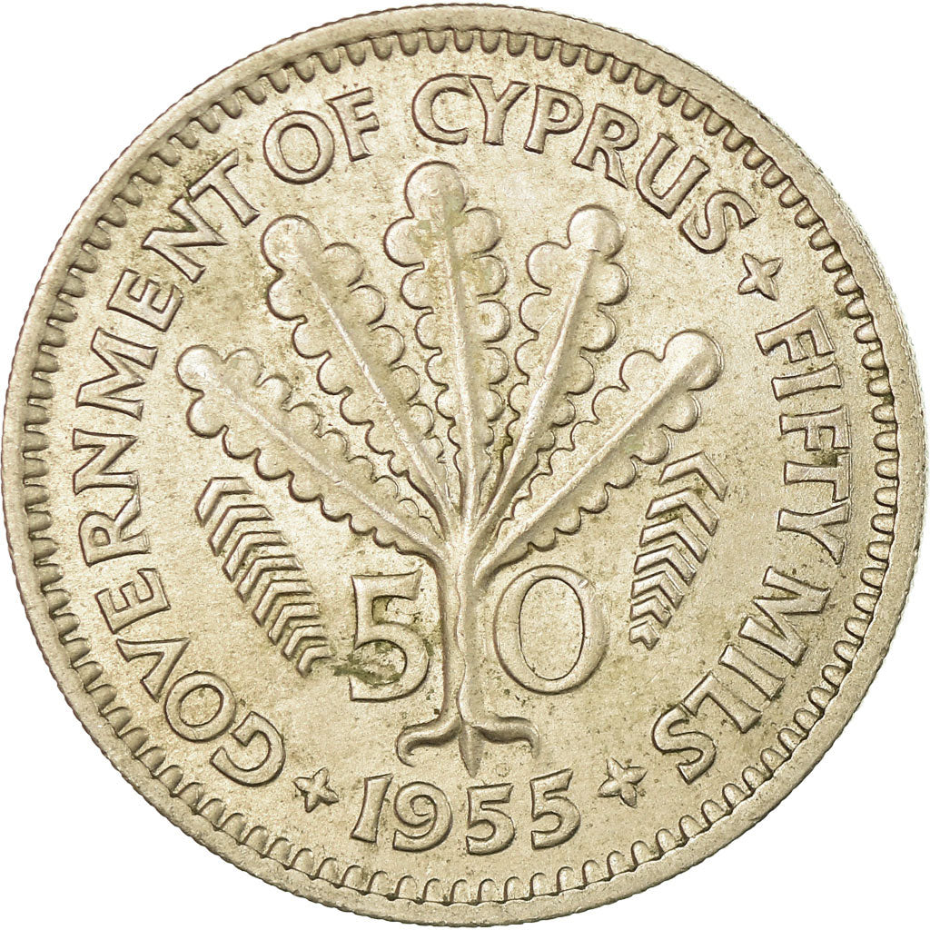Coin, Cyprus, 50 Mils, 1955, AU(50-53), Copper-nickel, KM:36