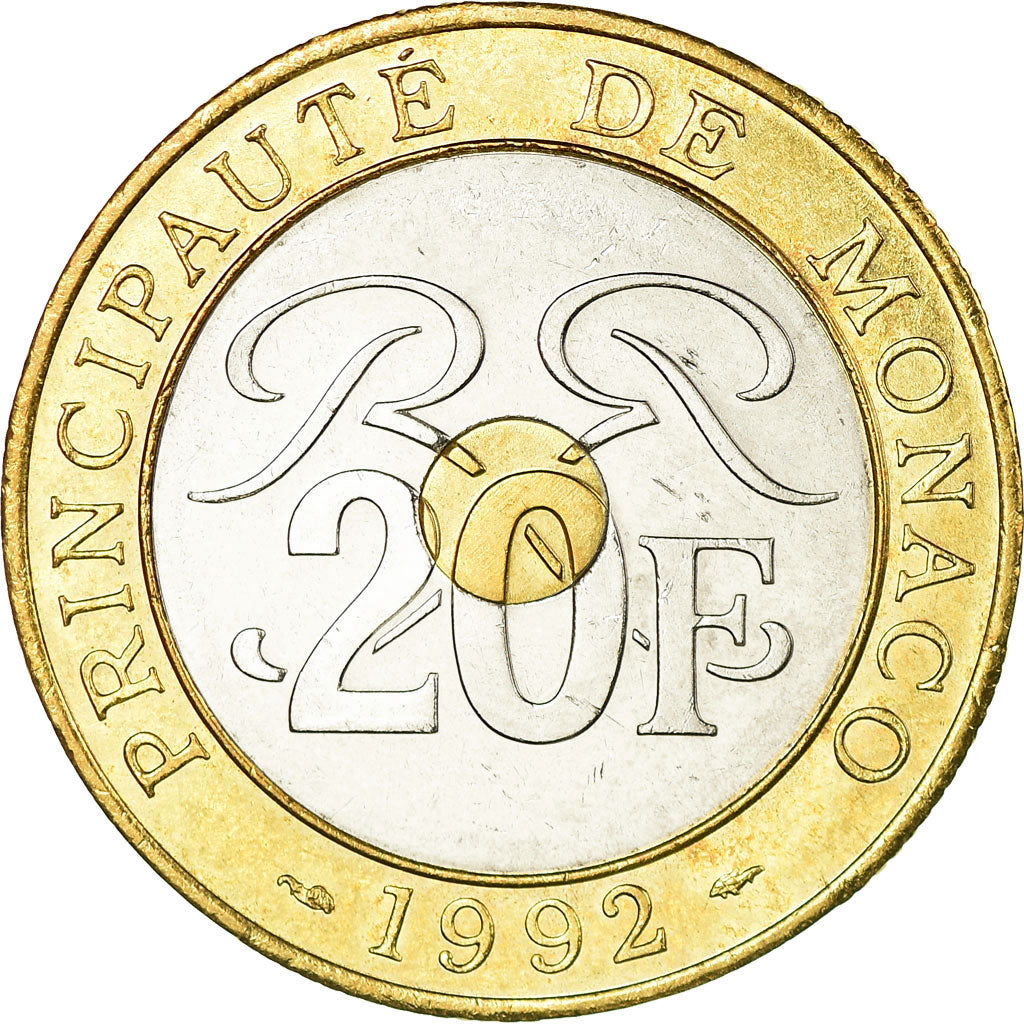 Coin, Monaco, Rainier III, 20 Francs, 1992, EF(40-45), Tri-Metallic, KM:165