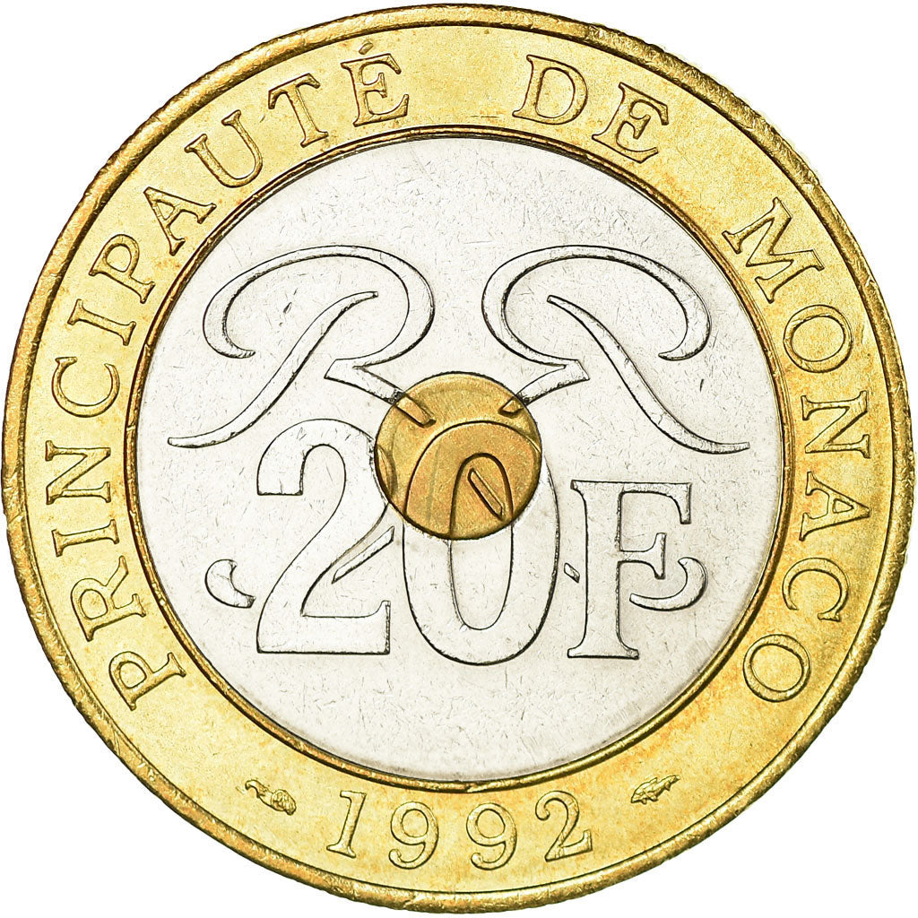 Coin, Monaco, Rainier III, 20 Francs, 1992, EF(40-45), Tri-Metallic, KM:165