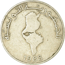 Coin, Tunisia, Dinar, 1988, Paris, EF(40-45), Copper-nickel, KM:319