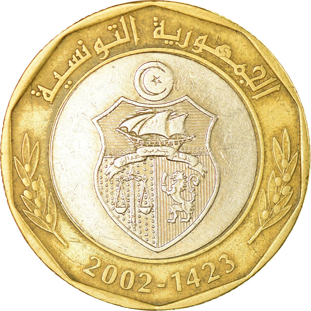 Coin, Tunisia, 5 Dinars, 2002/AH1423, Paris, EF(40-45), Bi-Metallic, KM:444