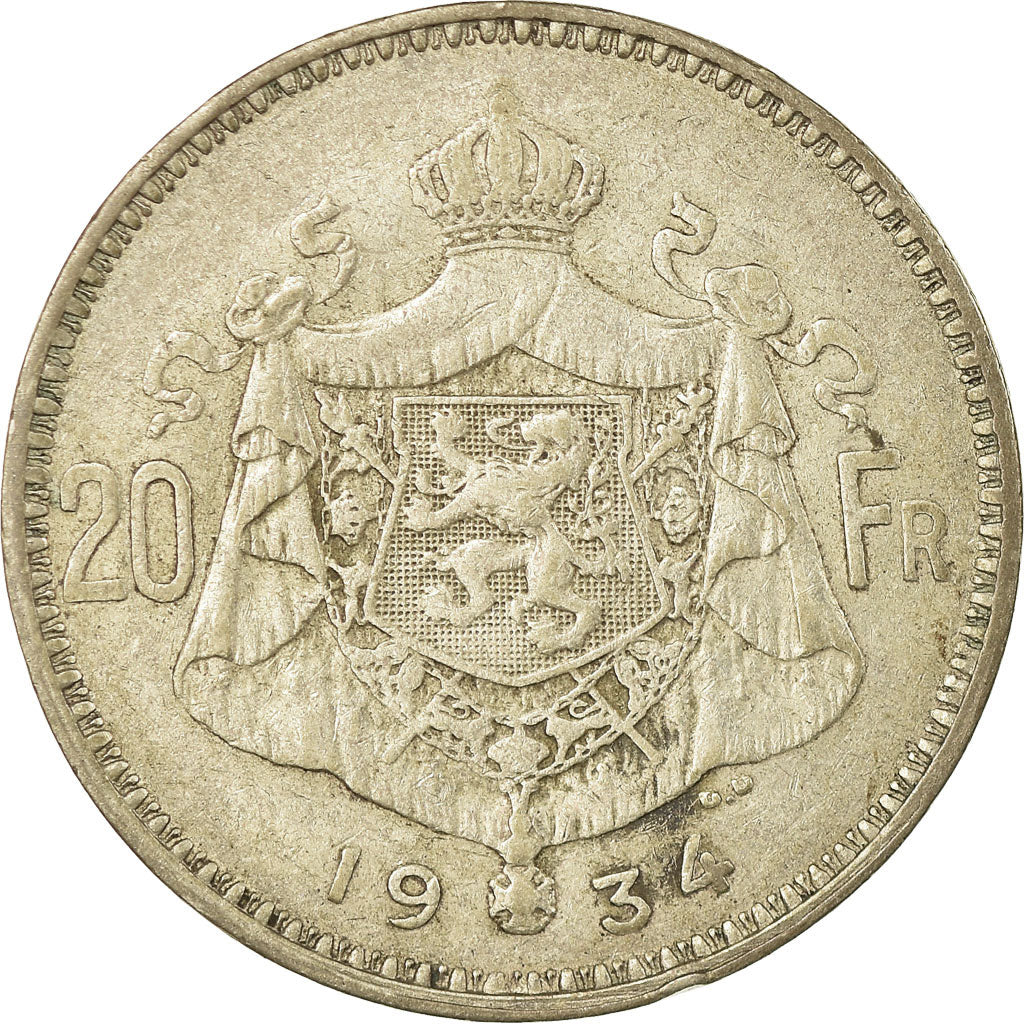 Coin, Belgium, 20 Francs, 20 Frank, 1934, EF(40-45), Silver, KM:103.1