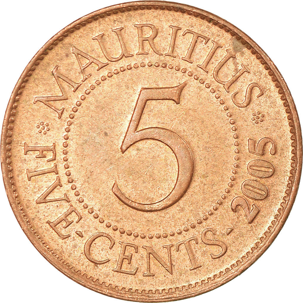 Moeda, Maurícia, 5 Cents, 2005, EF(40-45), Aço Cromado a Cobre, KM:52