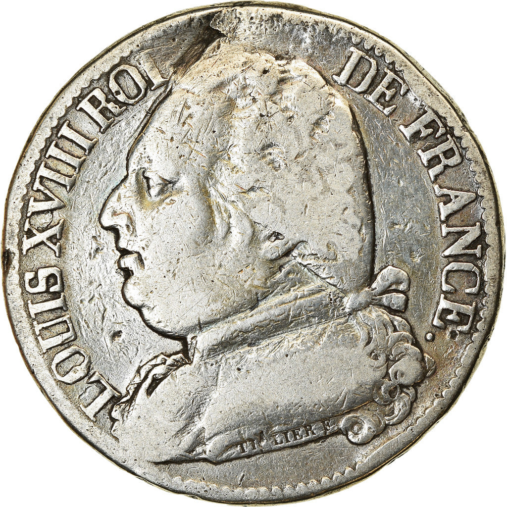 Moeda, França, Louis XVIII, 5 Francs, 1814, Paris, VF(20-25), Prata, KM:702.1