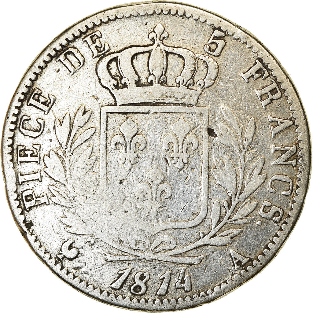 Moeda, França, Louis XVIII, 5 Francs, 1814, Paris, VF(20-25), Prata, KM:702.1