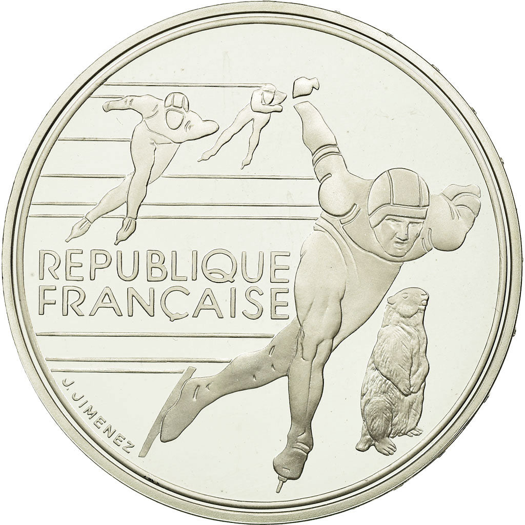 Moneda, Francia, Speed skaters, 100 Francs, 1990, BE, FDC, Plata, KM:980