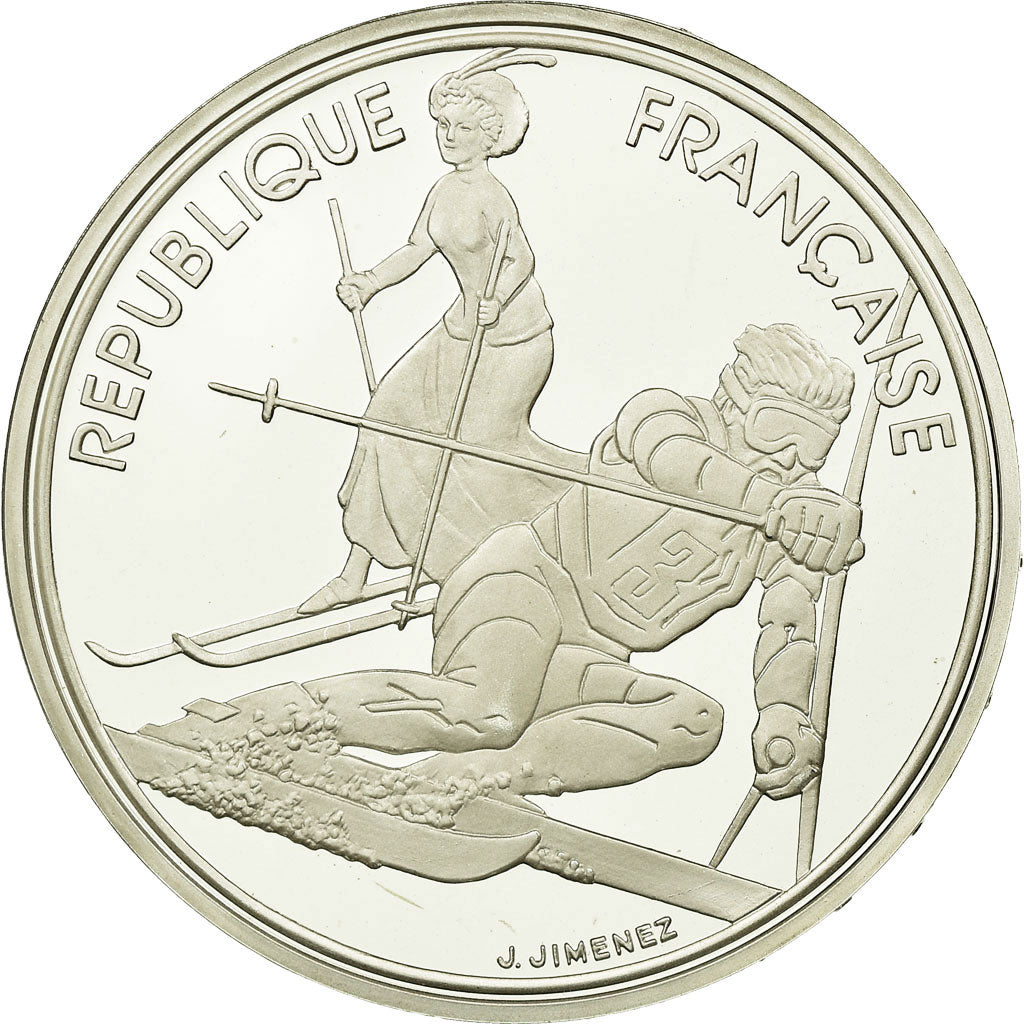 Moneda, Francia, Slalom skiers, 100 Francs, 1990, BE, FDC, Plata, KM:984