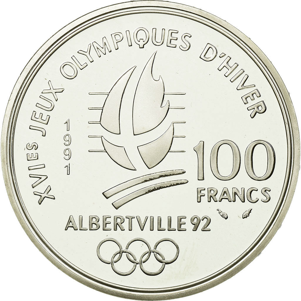 Moneta, Francja, Hockey players, 100 Francs, 1991, BE, MS(65-70), Srebro