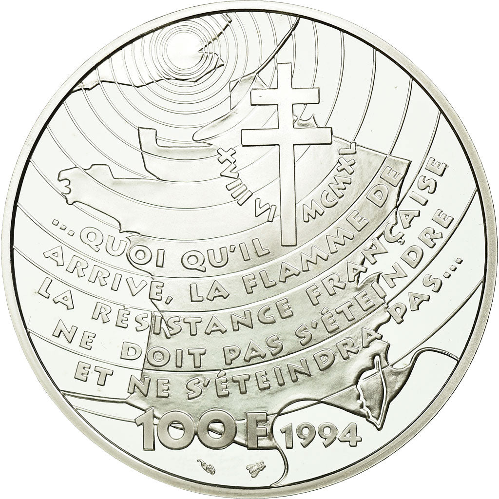 Moneda, Francia, Appel du 18 juin 1940, 100 Francs, 1994, BE, FDC, Plata