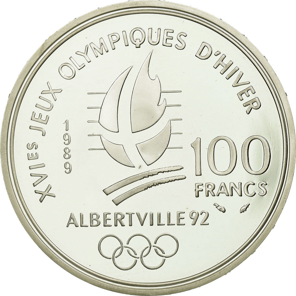 Moneta, Francja, Patinage, 100 Francs, 1989, BE, MS(65-70), Srebro, KM:972