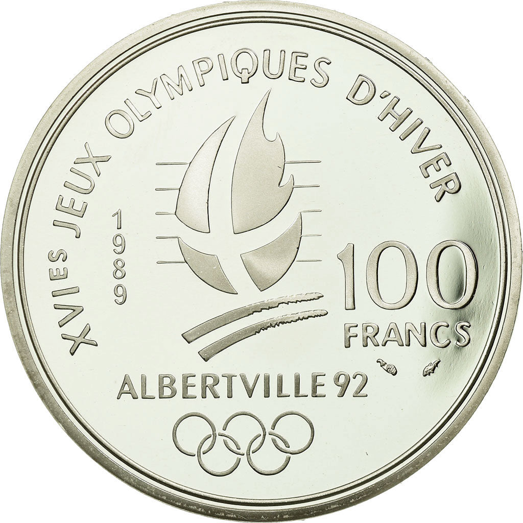 Moneta, Francja, Alpine skiing, 100 Francs, 1989, BE, MS(65-70), Srebro, KM:971