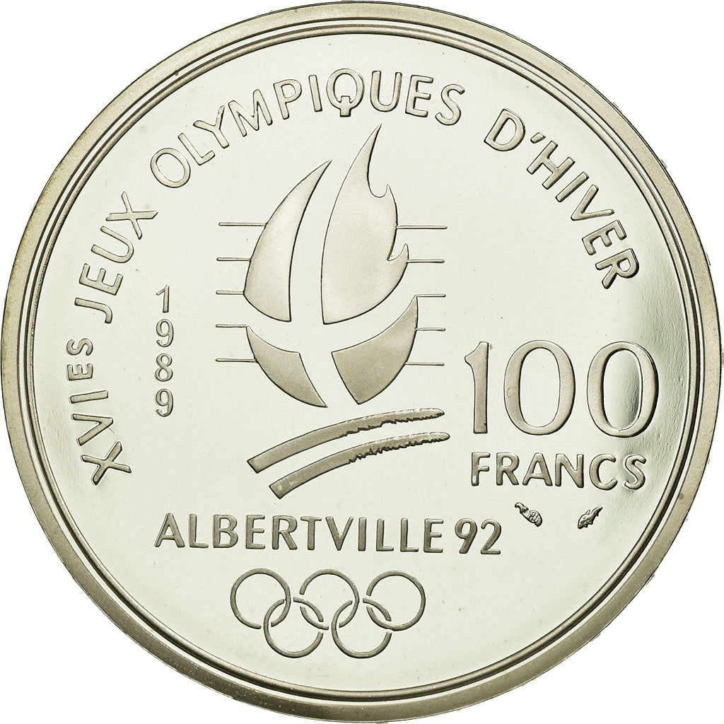 Moneda, Francia, Alpine skiing, 100 Francs, 1989, BE, EBC, Plata, KM:971