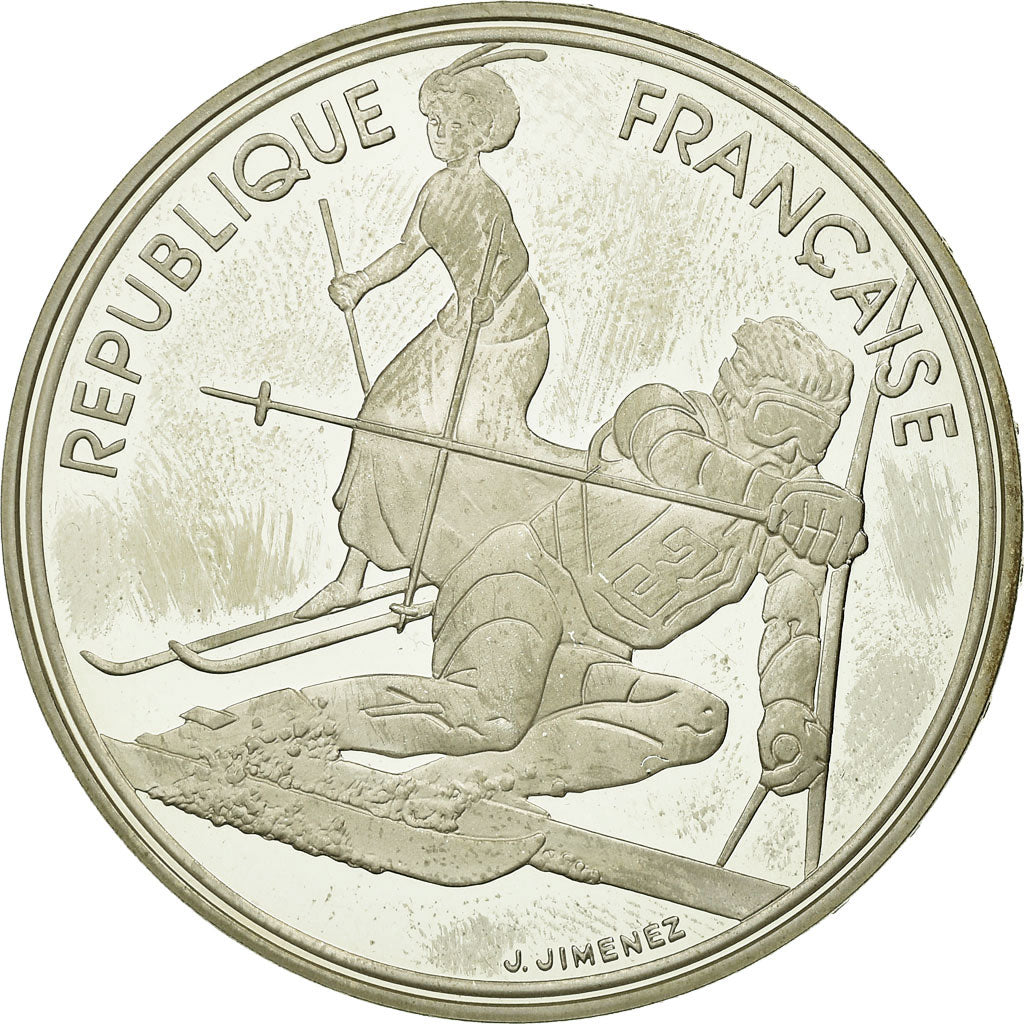 Munten, Frankrijk, Slalom skiers, 100 Francs, 1990, BE, ZF, Zilver, KM:984