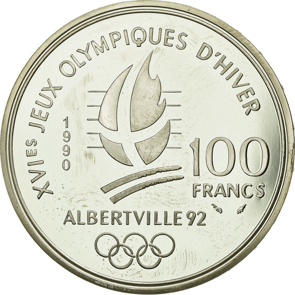 Munten, Frankrijk, Slalom skiers, 100 Francs, 1990, BE, ZF, Zilver, KM:984