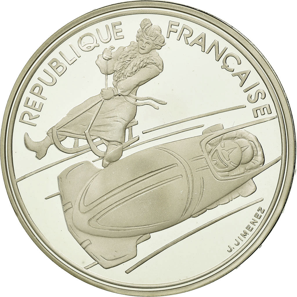 Moneda, Francia, Bobsledding, 100 Francs, 1990, BE, FDC, Plata, KM:981