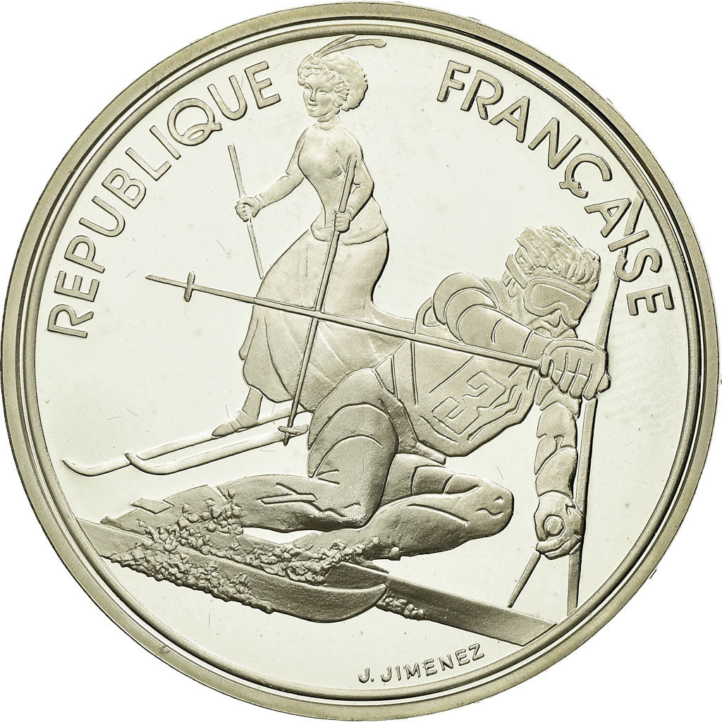 Moneda, Francia, Slalom skiers, 100 Francs, 1990, BE, FDC, Plata, KM:984