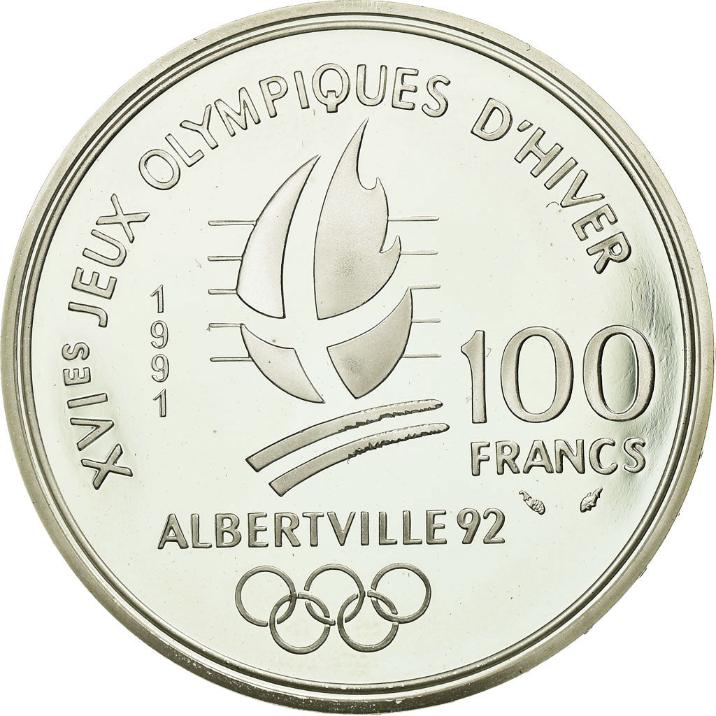 Moneta, Francia, Cross-country skier, 100 Francs, 1991, BE, FDC, Argento