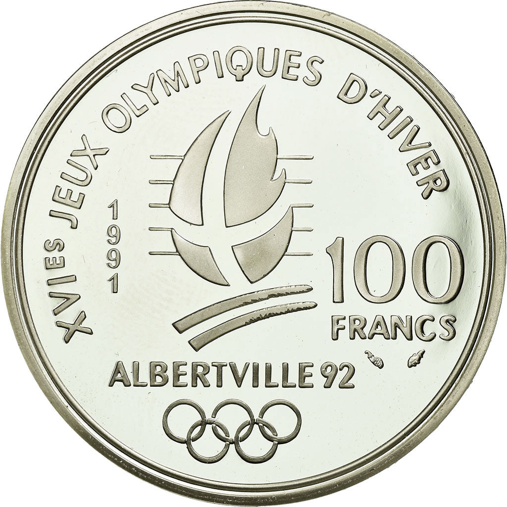 Moneta, Francja, Ski jumpers, 100 Francs, 1991, BE, MS(65-70), Srebro, KM:995