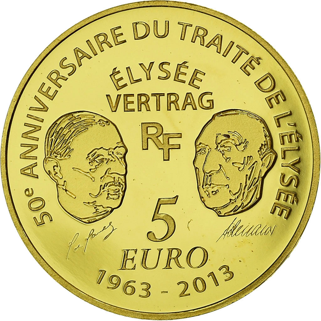 France, 5 Euro, Traité de l'Elysée, 2013, BE, MS(65-70), Gold, Gadoury:EU599