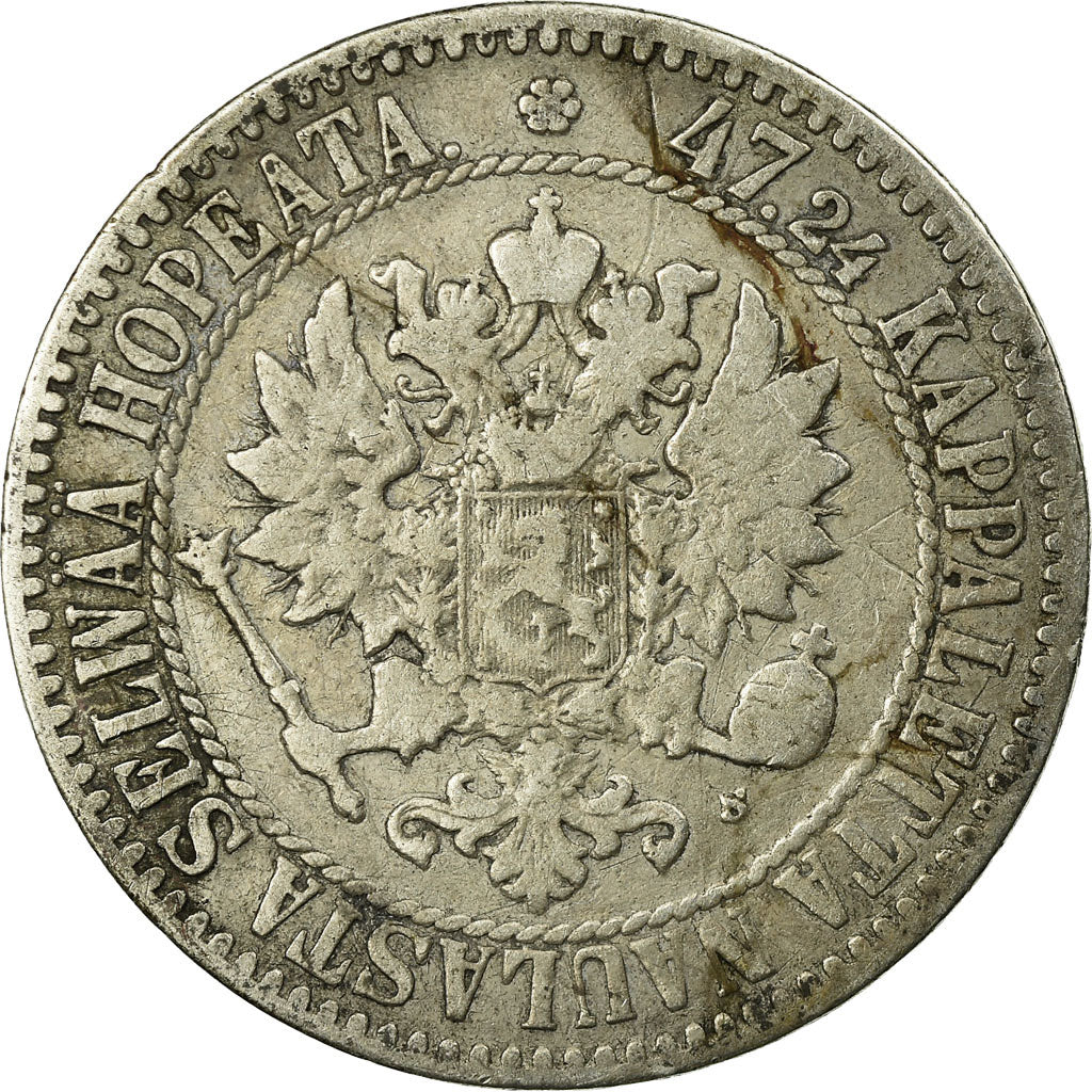 Coin, Finland, Alexander II, 2 Markkaa, 1865, VF(30-35), Silver, KM:7.1