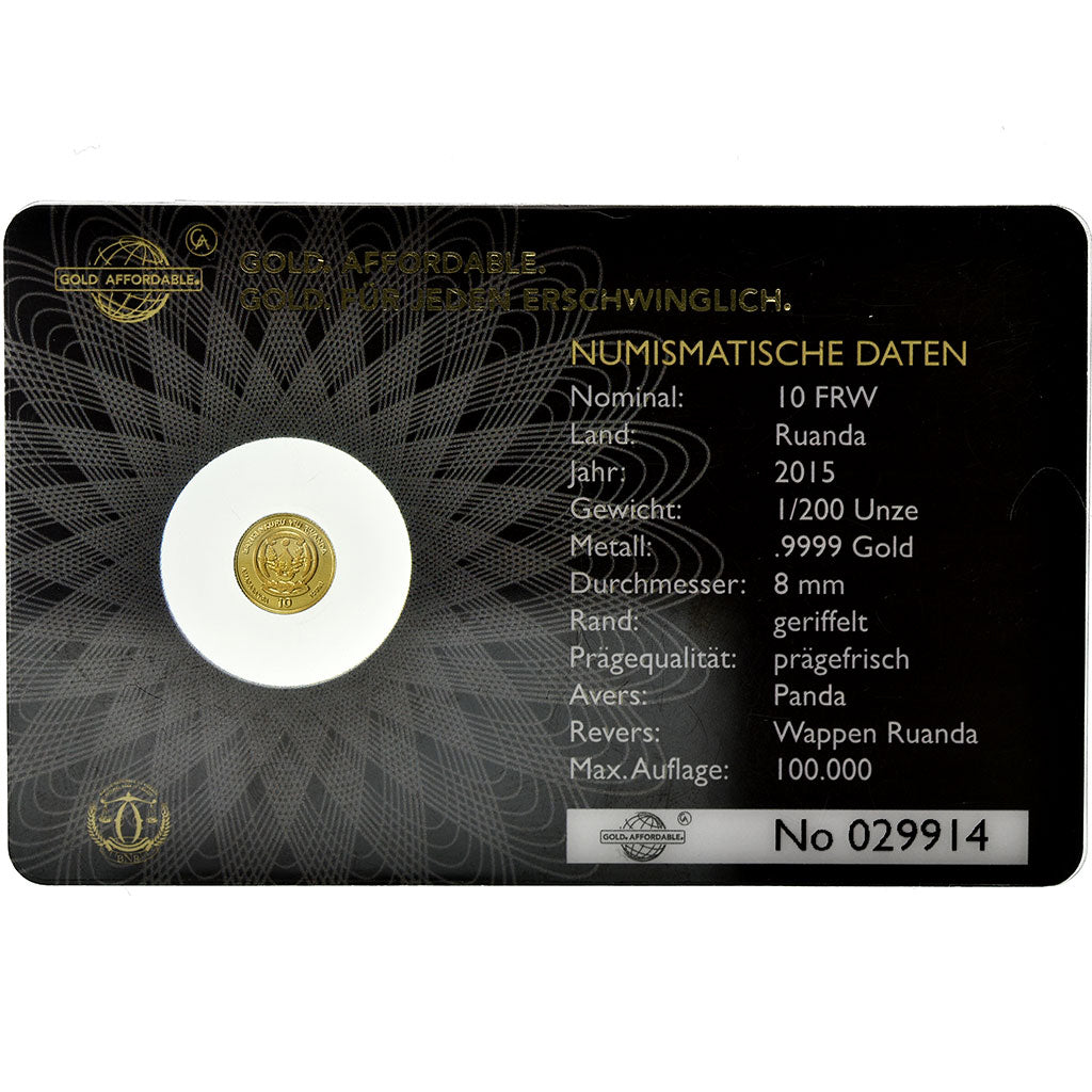 Moneta, Ruanda, Panda, 10 Francs, 2015, FDC, Oro