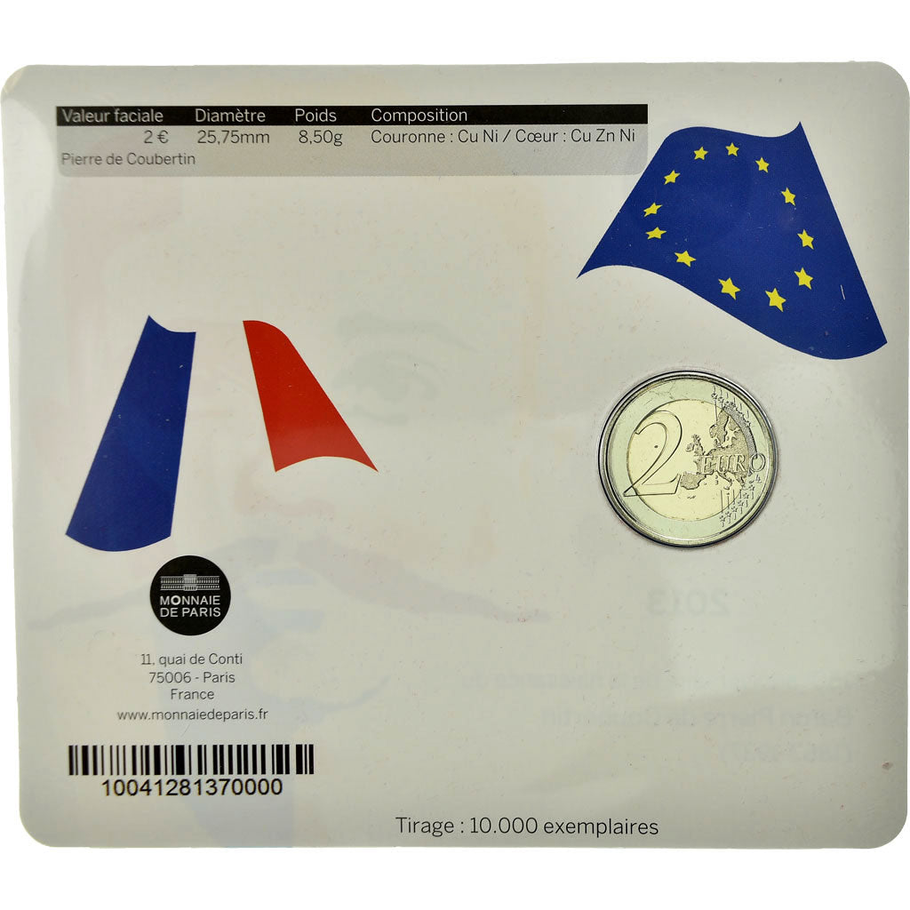 France, 2 Euro, Baron Pierre Coubertin, 2013, BU, MS(65-70)