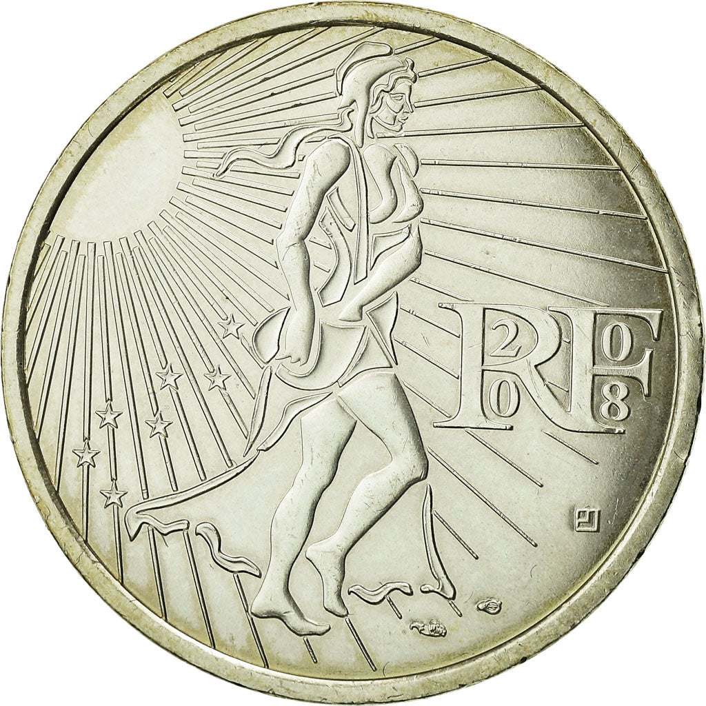 França, 15 Euro, Semeuse, 2008, MS(63), Prata, Gadoury:EU288, KM:1535