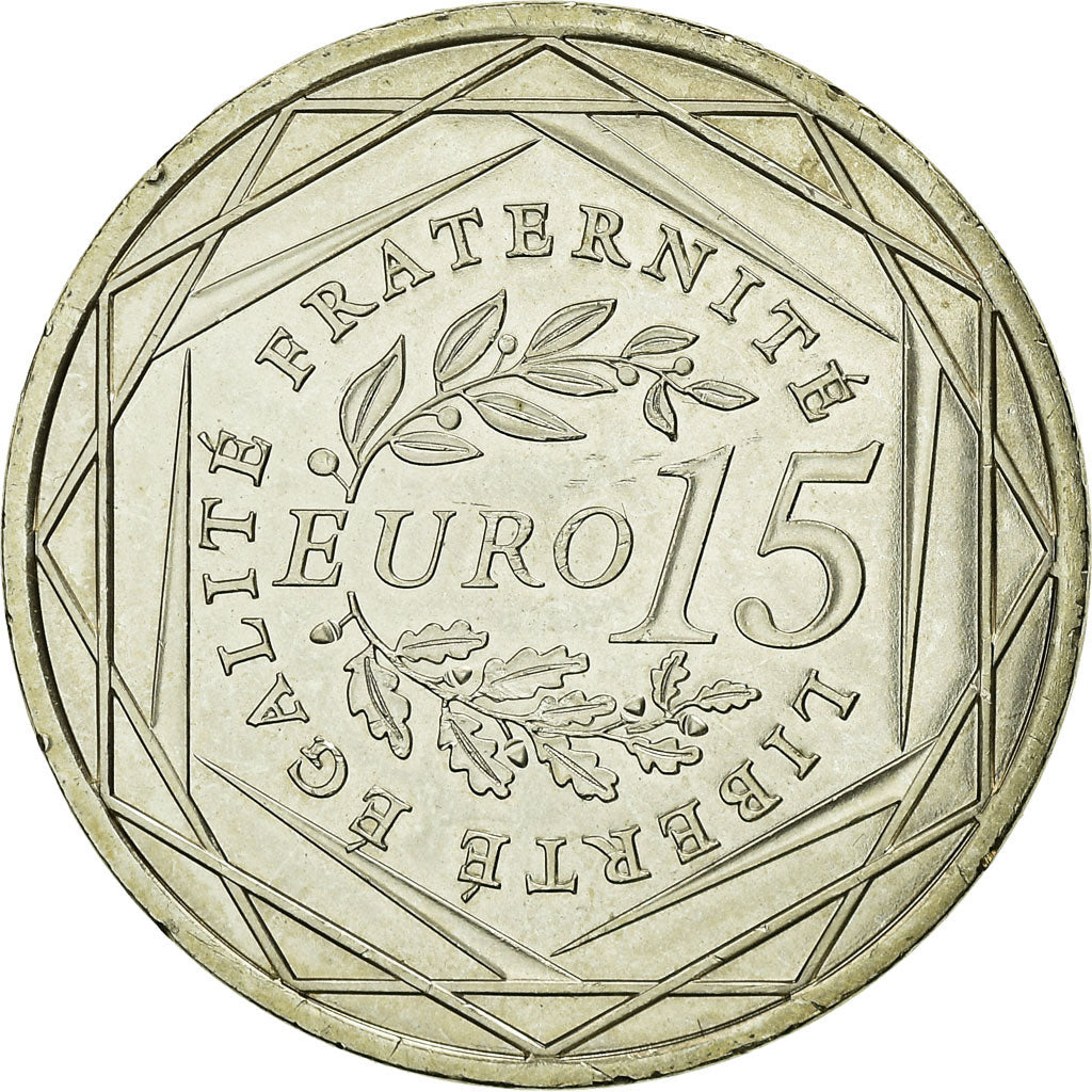 França, 15 Euro, Semeuse, 2008, MS(63), Prata, Gadoury:EU288, KM:1535