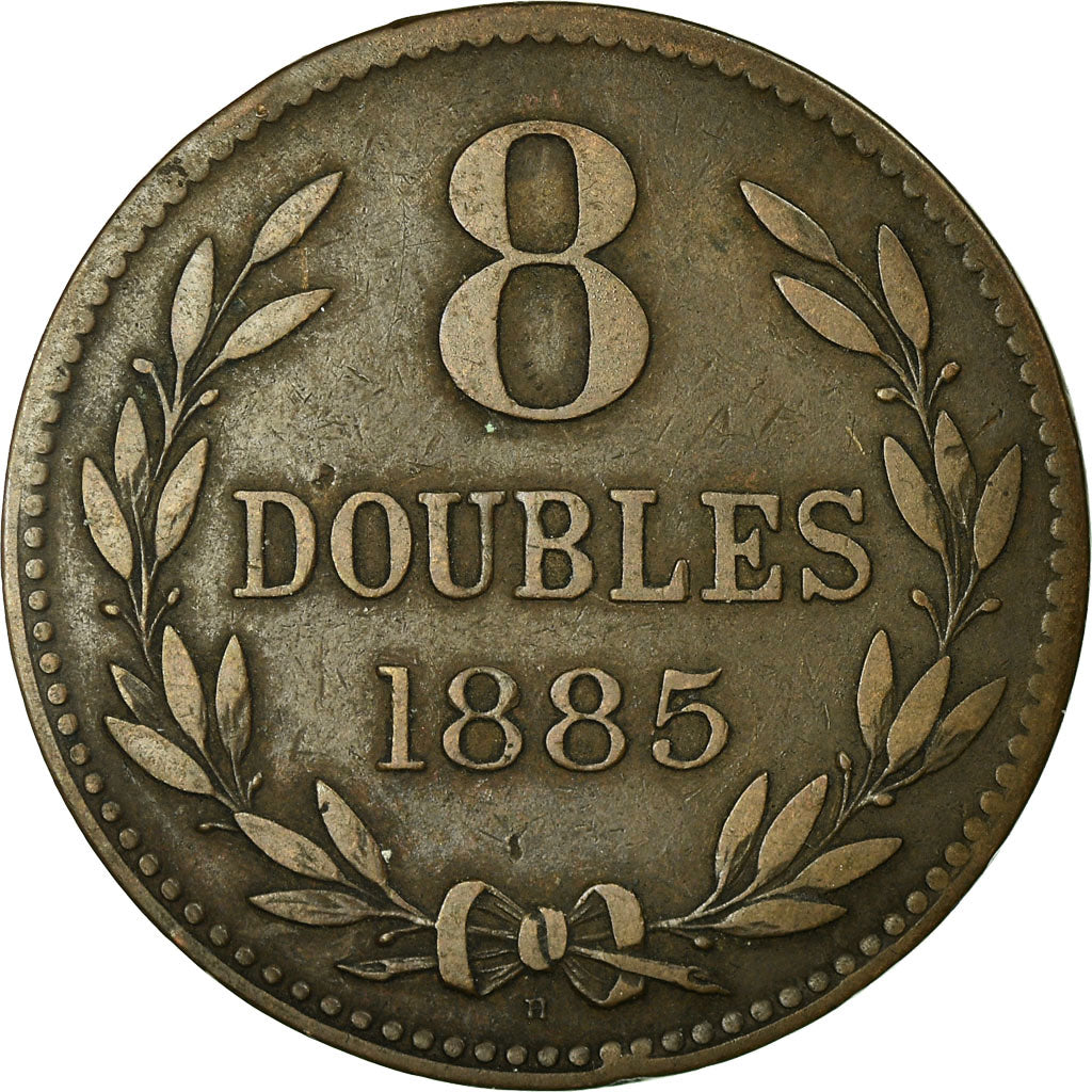 Coin, Guernsey, 8 Doubles, 1885, Heaton, Birmingham, AU(50-53), Bronze, KM:7