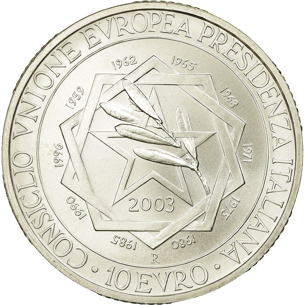 Italy, 10 Euro, Présidence de l'UE, 2003, MS(65-70), Silver, KM:259