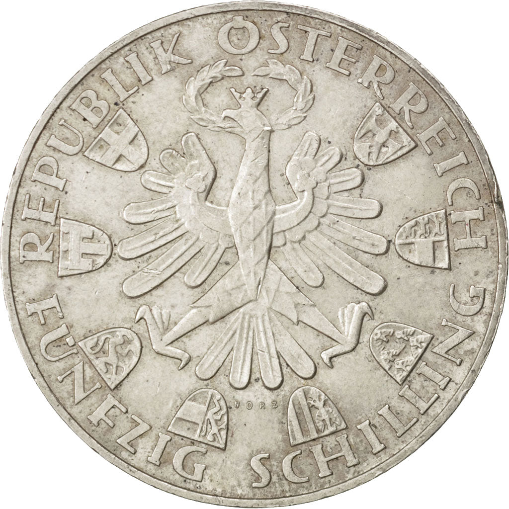 AUSTRIA, 50 Schilling, 1959, KM #2888, AU(55-58), Silver, 34, 20.02