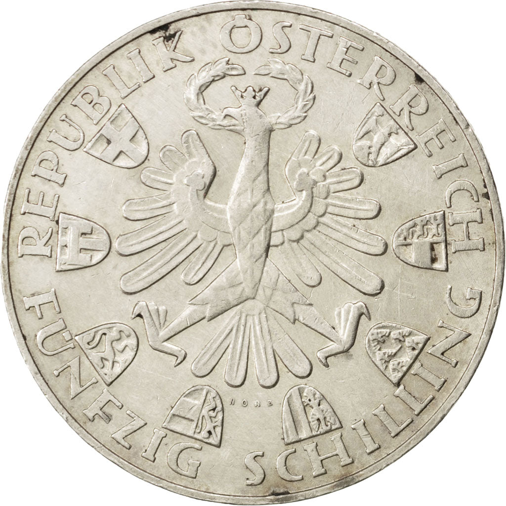 AUSTRIA, 50 Schilling, 1959, KM #2888, AU(55-58), Silver, 34, 19.88